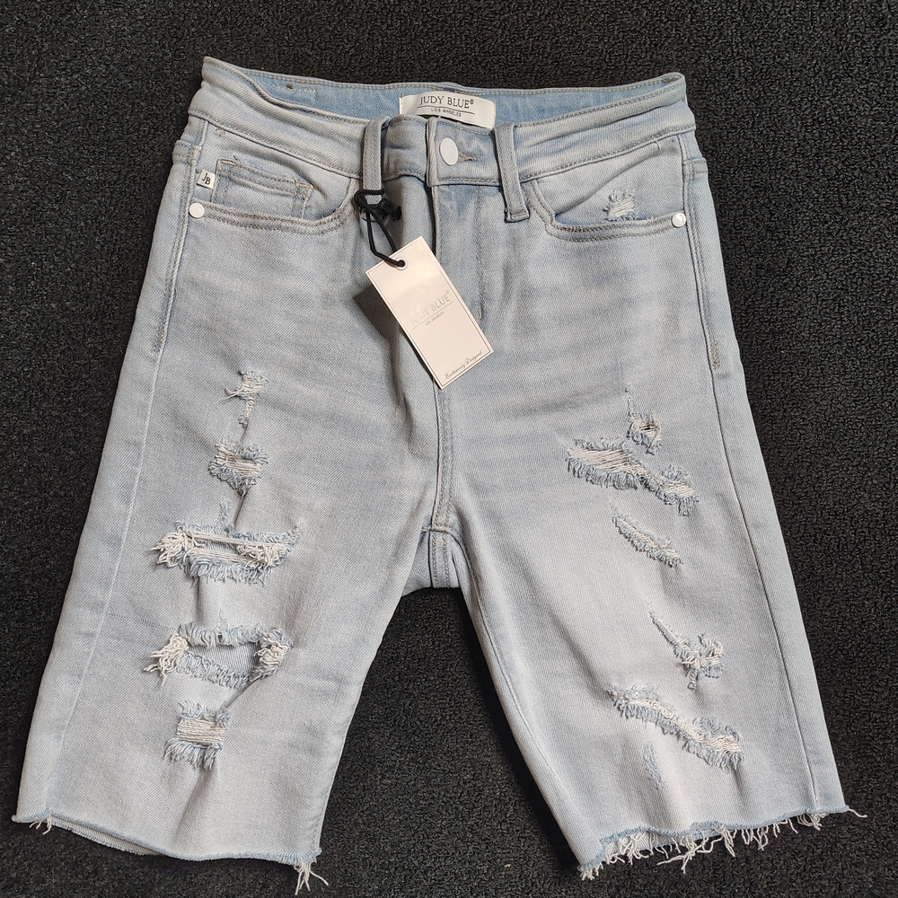 Judy Blue Shorts Blue Distressed Ripped Bermuda Cuffed Denim Women's Small NWT